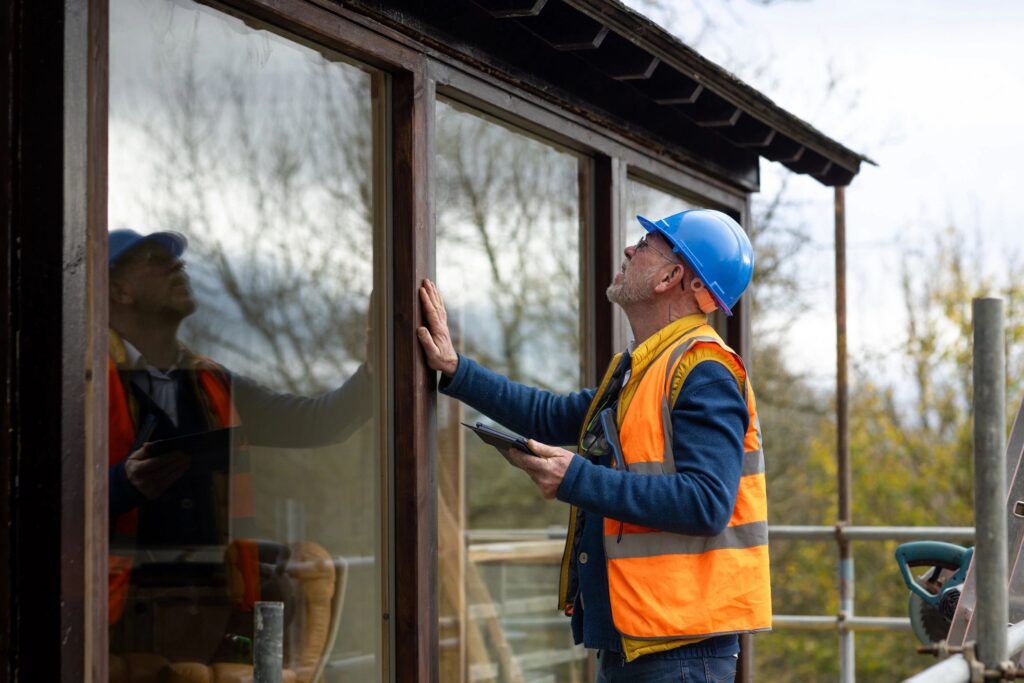 A contractor in a high vis vest installing a window.