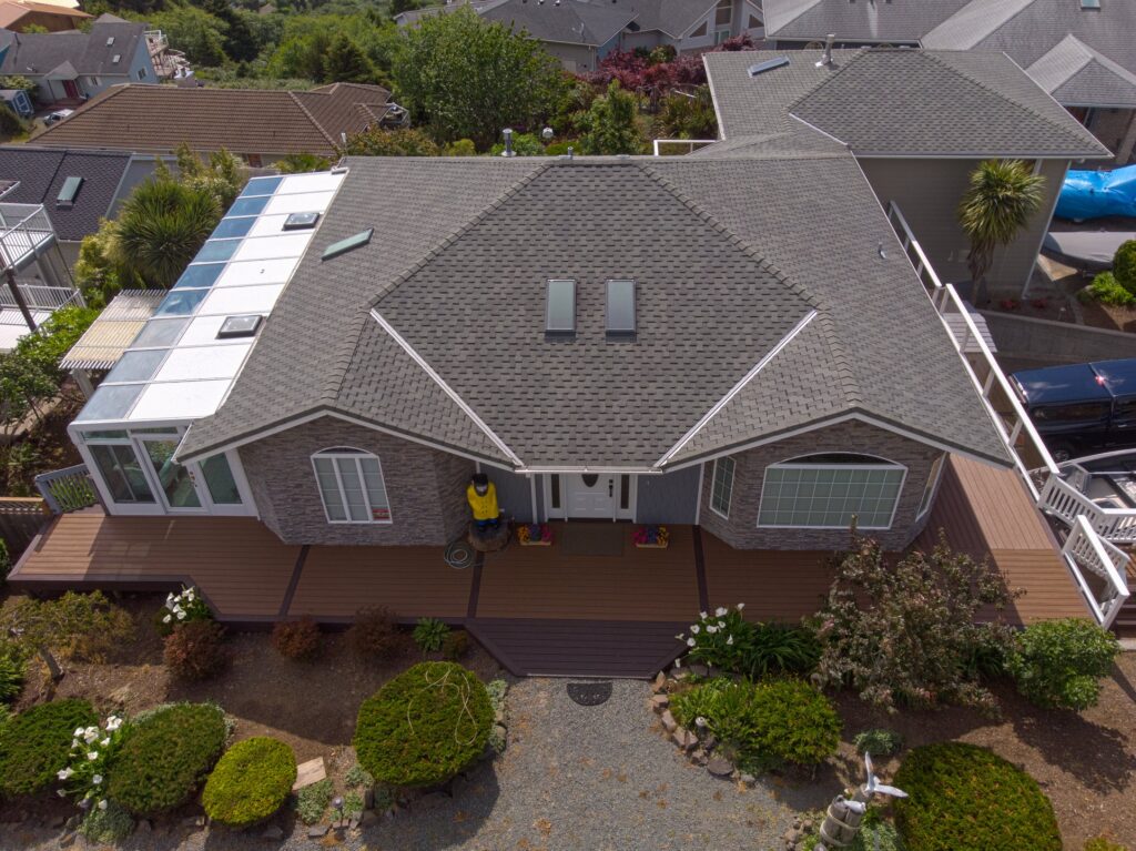 Overhead shot of a diamond shaped roof.